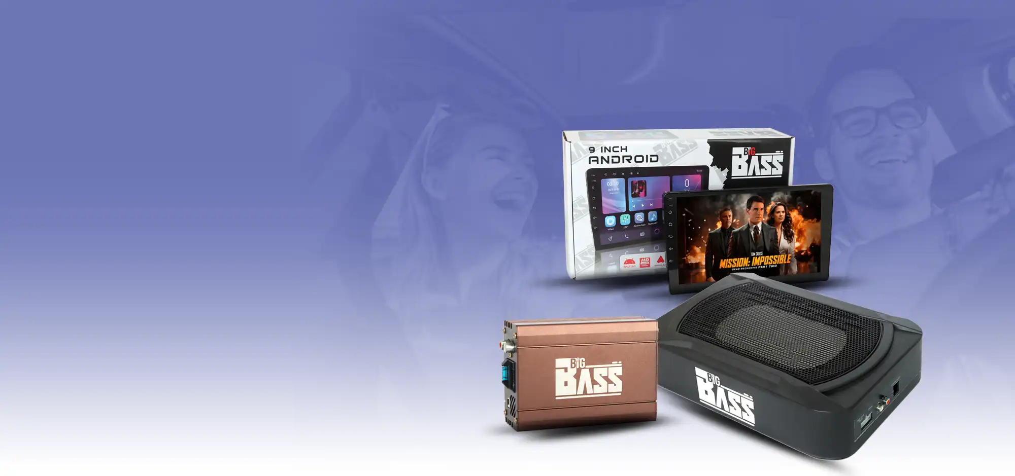 Big Bass 9 inch Android screen with amplifier and compact subwoofer for car audio